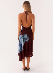 Brinley Halterneck Midi Dress - Maroon Print