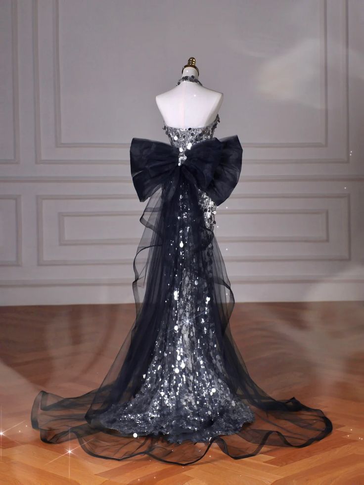 Black Glitter Sequins Tulle Mermaid Prom Dress Strapless Evening Dress With Bow For Teenagers High Schools AB1932