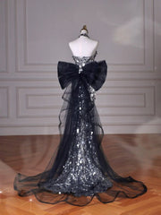 Black Glitter Sequins Tulle Mermaid Prom Dress Strapless Evening Dress With Bow For Teenagers High Schools AB1932