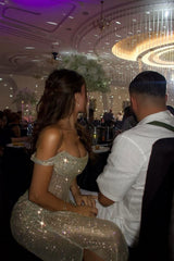 Modest Senior Prom Dresses High Schools Inspiration Mermaid Off The Shoulder Sequin Gold With Slit Semi Formal Grad Long Prom Dress For Teens AB1963