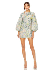 Short Floral Puff Sleeve Cocktail Dress Floral Detail & Puff Sleeves Mac Duggal 11609