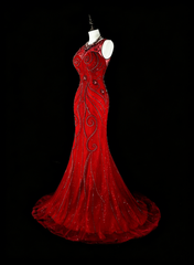 Vintage Mermaid Scoop Red Tulle 80s Evening Gowns Formal Birthday Dress Long Prom Dresses N1759