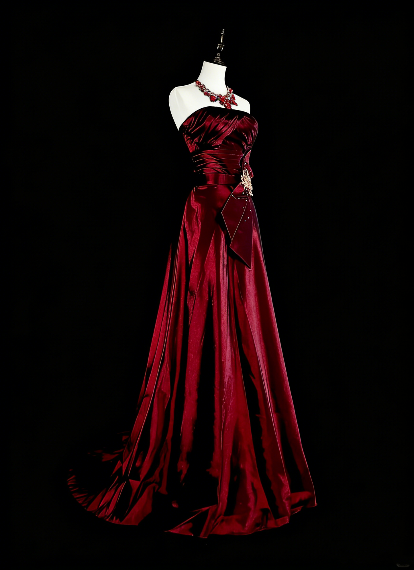 Vintage A line Strapless Burgundy Satin 90s Evening Gowns Formal Birthday Dress Long Prom Dresses N1760