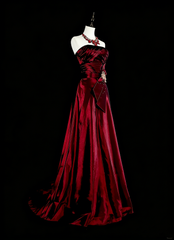Vintage A line Strapless Burgundy Satin 90s Evening Gowns Formal Birthday Dress Long Prom Dresses N1760