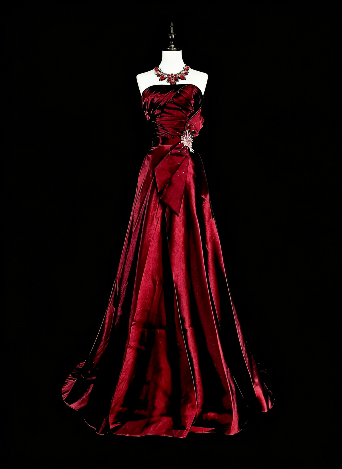 Vintage A line Strapless Burgundy Satin 90s Evening Gowns Formal Birthday Dress Long Prom Dresses N1760