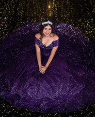 Chic Ball Gown Off The Shoulder Grape Sequin Long Formal Fancy Prom Evening Dress Dinner Outfits Party Gowns For Teens Girls AB2158