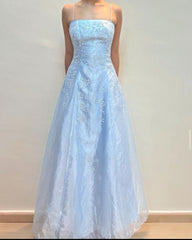 Vintage Ball Gown Spaghetti Strap Light Sky Blue With Appliqued Formal Dress Long Prom Dresses N2747
