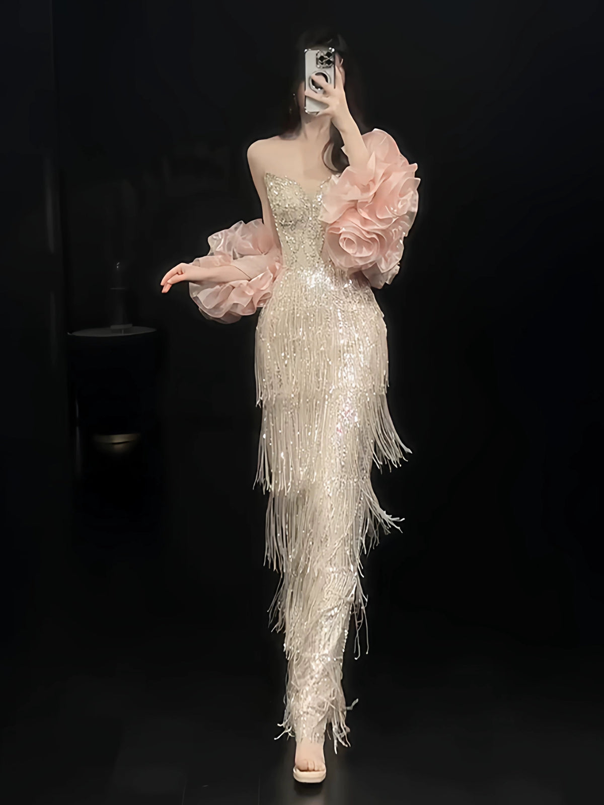 Glittery Sheath Strapless With Tassels Beads Sleeveless Pink Prom Dresses Inspiration Long Night Outfits Birthday Outfits AB2214