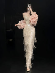 Glittery Sheath Strapless With Tassels Beads Sleeveless Pink Prom Dresses Inspiration Long Night Outfits Birthday Outfits AB2214