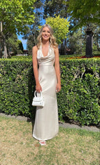 Simple Satin Mermaid Long Evening Prom Dresses Ivory Halter Prom Dress AB1855