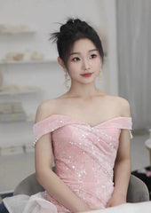 Elegant Mermaid Off The Shoulder Pink With Short Sleeves Formal Dress  Sequin Birthday Prom Dresses N2816