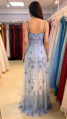 Vintage Spaghetti Strap A line Wedding Guest Dresses Tulle Blue Prom Formal Dresses AB1847