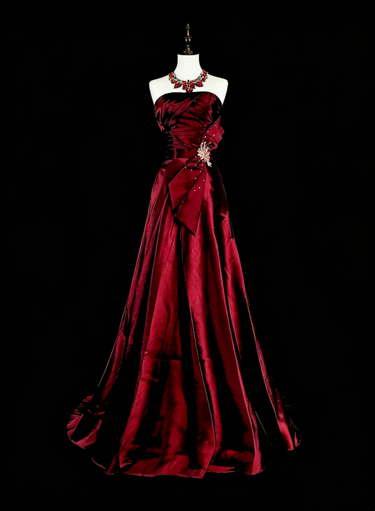 Vintage Prom Aesthetic Dresses A line Strapless Burgundy Satin With Beading Long Formal Dress N3065