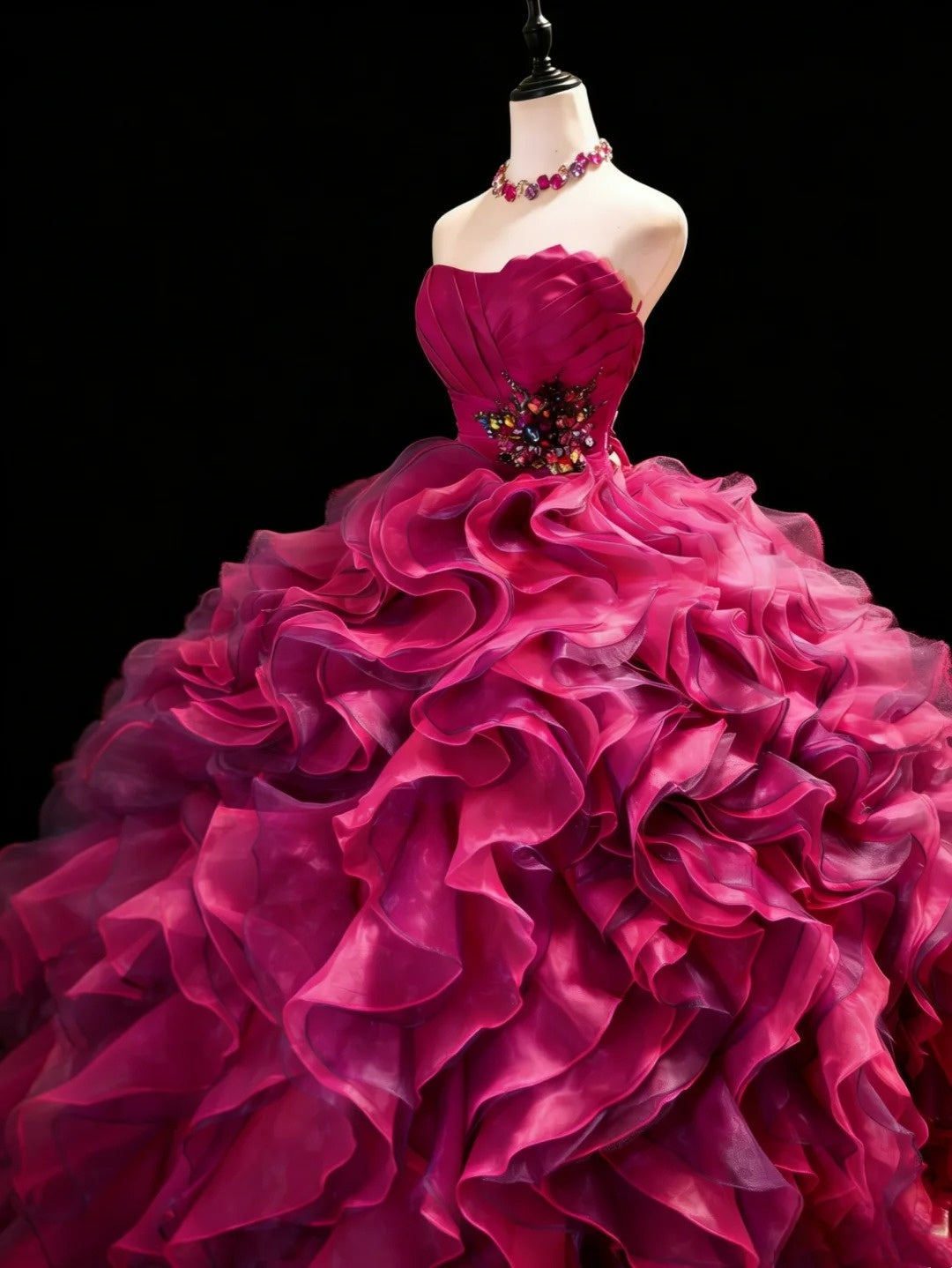 Modest Prom Dresses Ball Gown Strapless Hot Pink Organza With Layers Long Quince Dress N3054