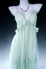 Pretty Prom Dresses A Line Halter Sage Green Chiffon Backless Long Formal Dress N3044