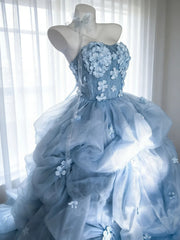 Modest Prom Dresses Ball Gown Strapless Blue Tulle With Flowers Long Quince Dress N3048