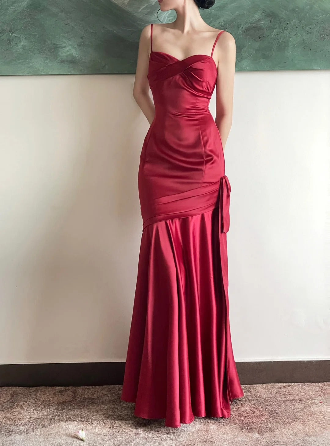 Romantic Mermaid Spaghetti Strap Burgundy Satin With Pleated Formal Dress Long Prom Dresses N2821
