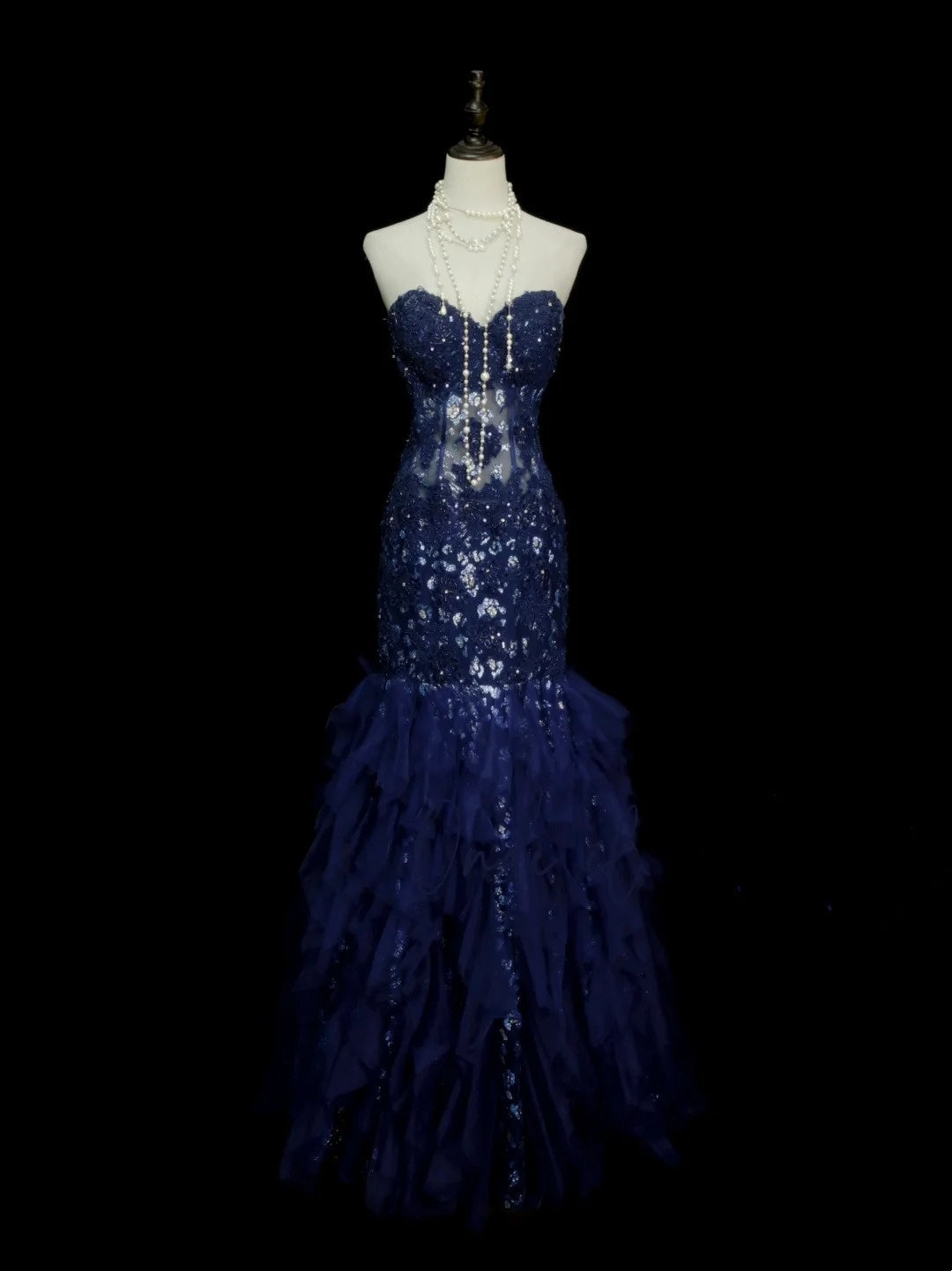 Vintage Mermaid Sweetheart Navy Blue Tulle Sleeveless Formal For Women Girls Teens Prom Dresses N2262
