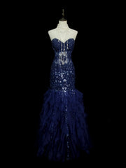 Vintage Mermaid Sweetheart Navy Blue Tulle Sleeveless Formal For Women Girls Teens Prom Dresses N2262