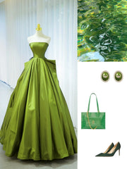 Elegant Ball Gown Strapless Green Satin Long Formal Dress 18th Birthday Prom Dresses N2846