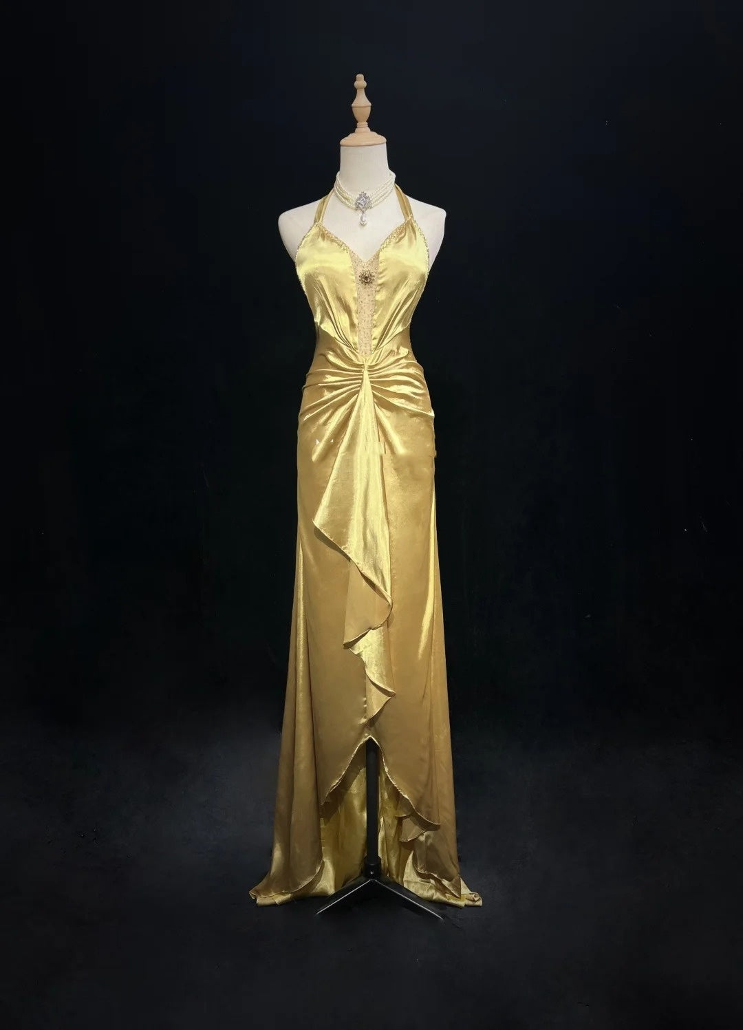 Vintage High Low 2000s A line Halter Gold With Pleated Formal Dress Long Prom Dresses N2585