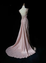 Vintage Prom Dresses 1960s Mermaid V Neck Pink Lace With Appliqued Beaded Long Prom Gown N3107