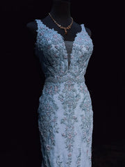 Vintage Prom Dresses Inspo Mermaid V Neck Light Sky Blue Long 1990s With Lace Appliqued Formal Gowns N3359