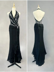 Modest Prom Dresses Mermaid Halter Black Tie Chiffon With Beading Formal Evening Dress N3858