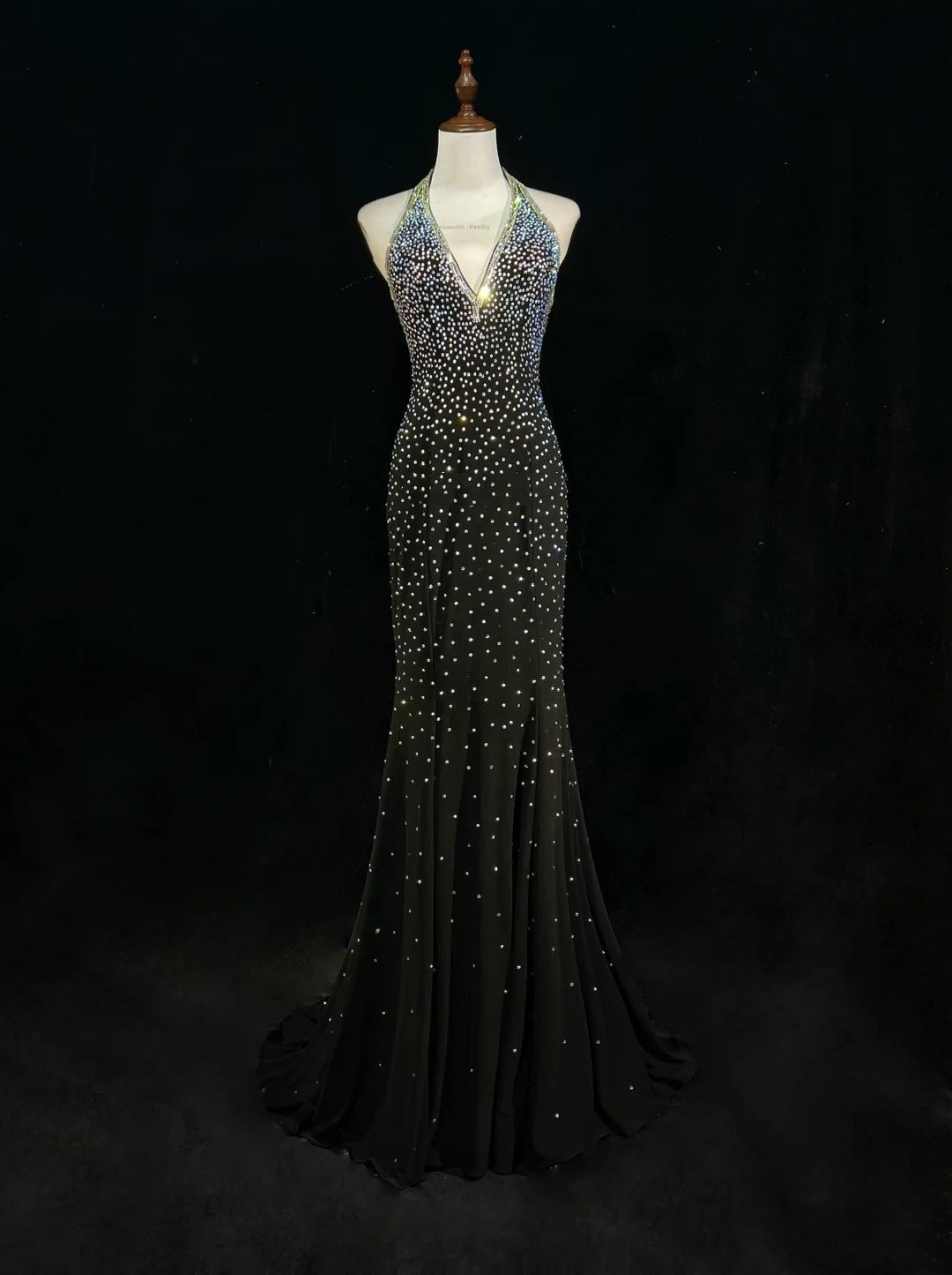 Vintage Mermaid 2000s Black Halter Formal Dress Long Backless Prom Dresses N2572