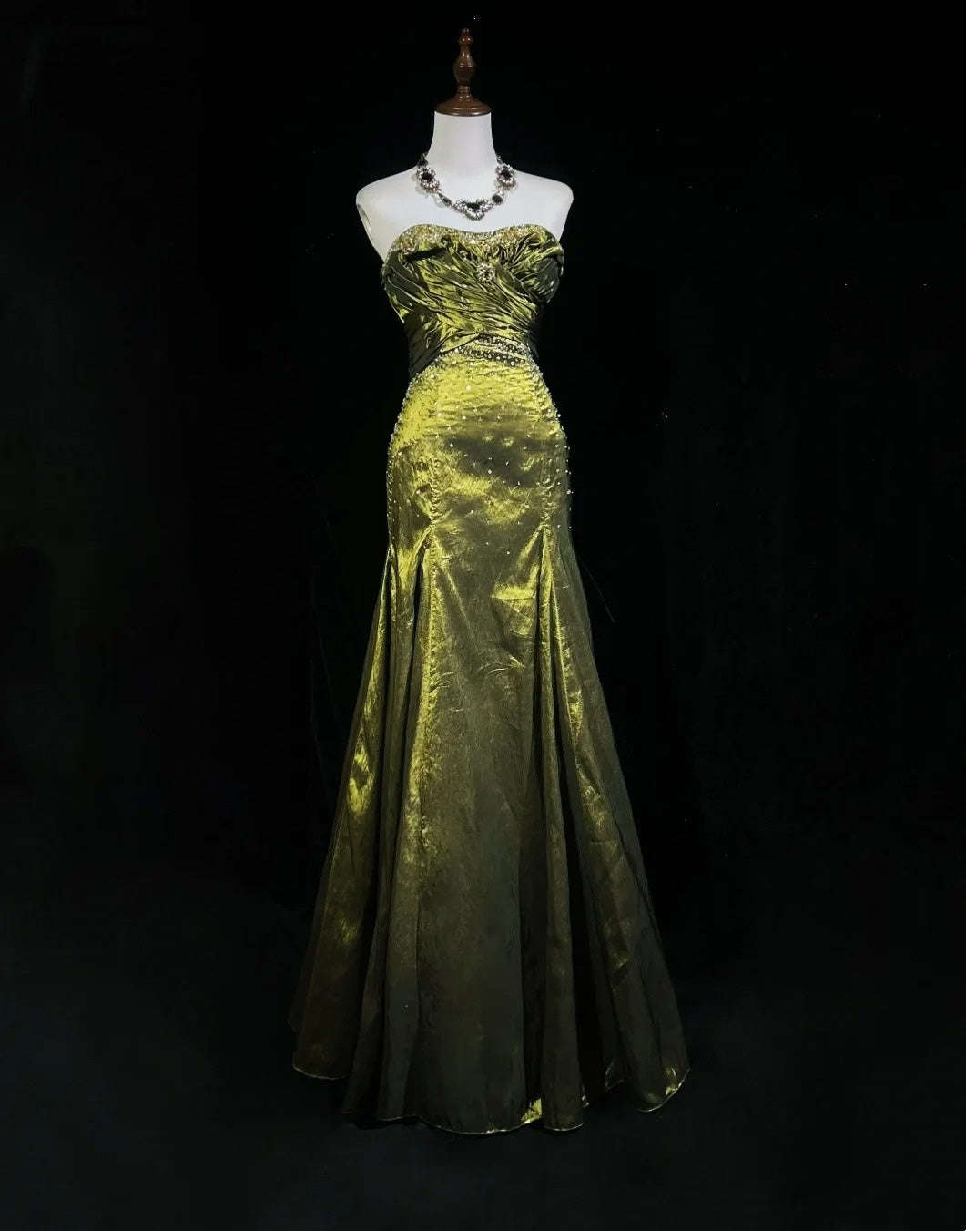 Vintage 90s Prom Dresses Mermaid Sweetheart Olive Green Taffeta With Beads Long Prom Gown N3026