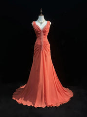 Vintage Prom Dresses 2000s Mermaid V Neck Orange Chiffon With Ruffled Beading Long Prom Gown N3093