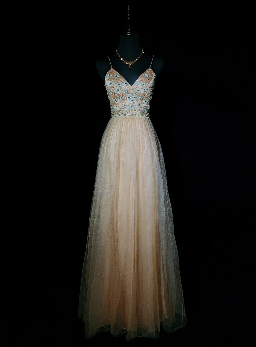 Vintage Prom Dresses 80s A line Spaghetti Strap Champagne Tulle Long Semi Formal Evening Outfits N3649