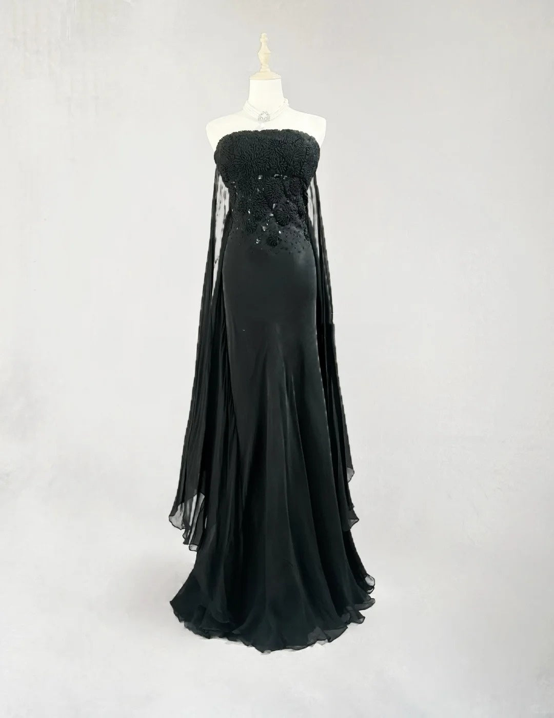 Classy Prom Dresses Mermaid Strapless Chiffon Black Tie Dress With Cape Long Formal Evening Outfits N3703