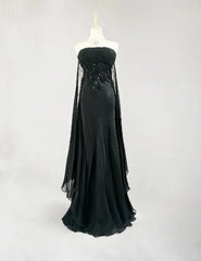 Classy Prom Dresses Mermaid Strapless Chiffon Black Tie Dress With Cape Long Formal Evening Outfits N3703