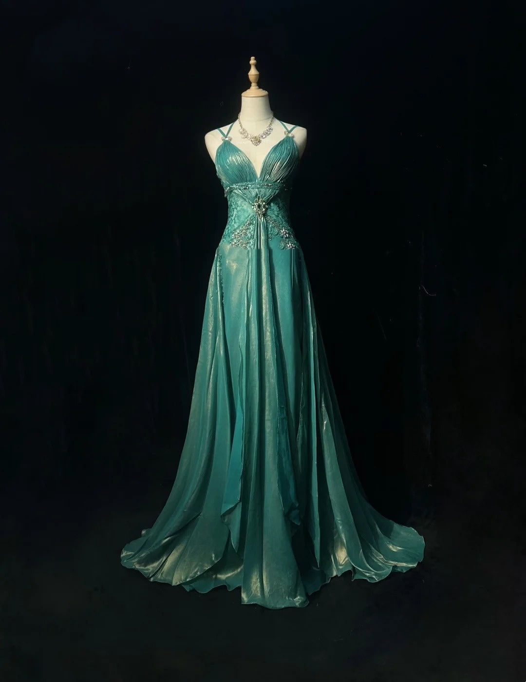Elegant A Line Spaghetti Strap Blue Chiffon With Beaded Bodice Formal Dress Long Prom Dresses N2724