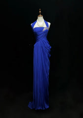 Vintage Prom Dresses 90s Sheath Halter Royal Blue Chiffon Long With Beading Evening Outfits N3137