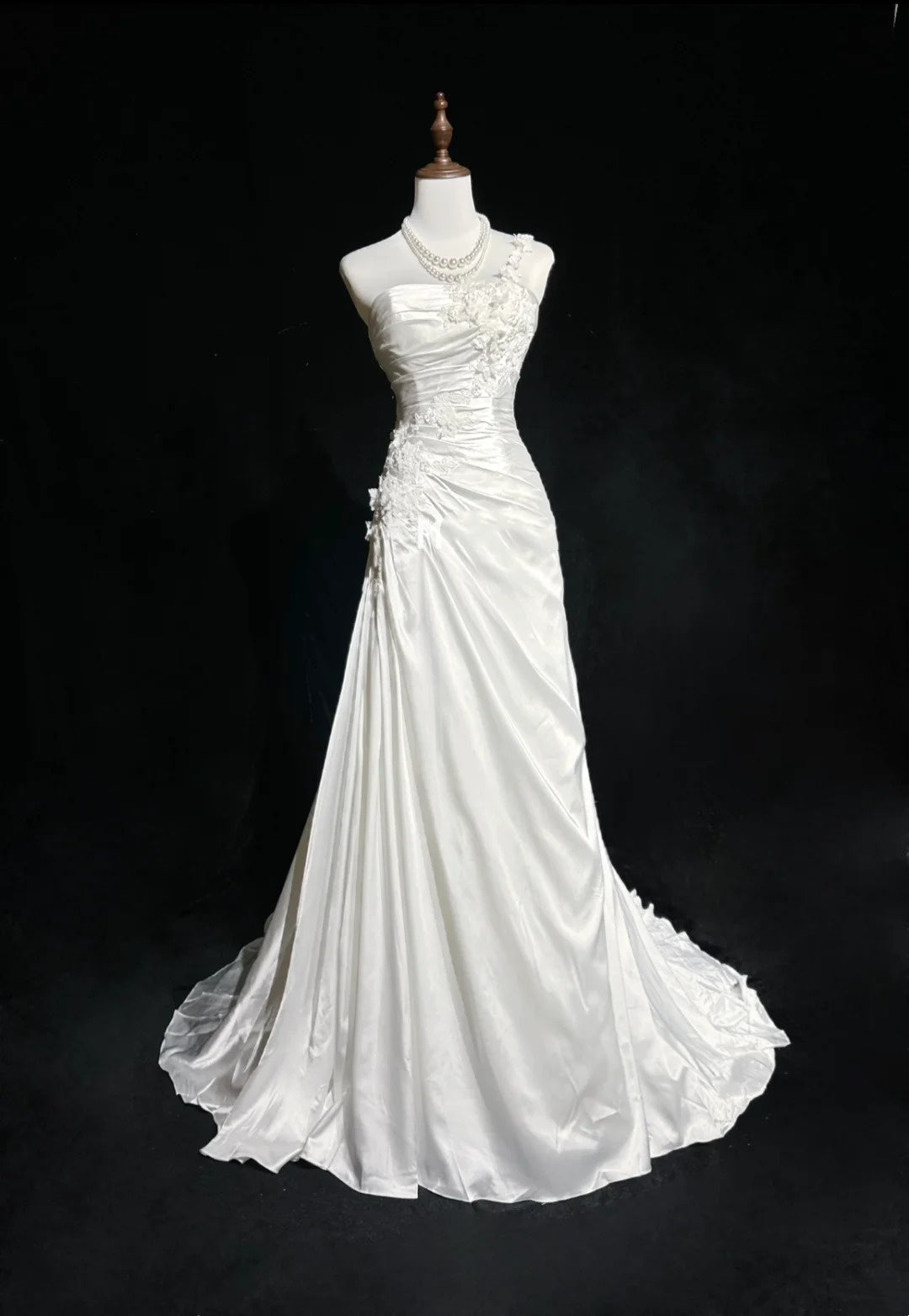 Vintage Prom Dresses Inspo Mermaid One Shoulder White Satin 80s With Lace Formal Gowns N3380