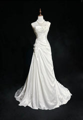 Vintage Prom Dresses Inspo Mermaid One Shoulder White Satin 80s With Lace Formal Gowns N3380