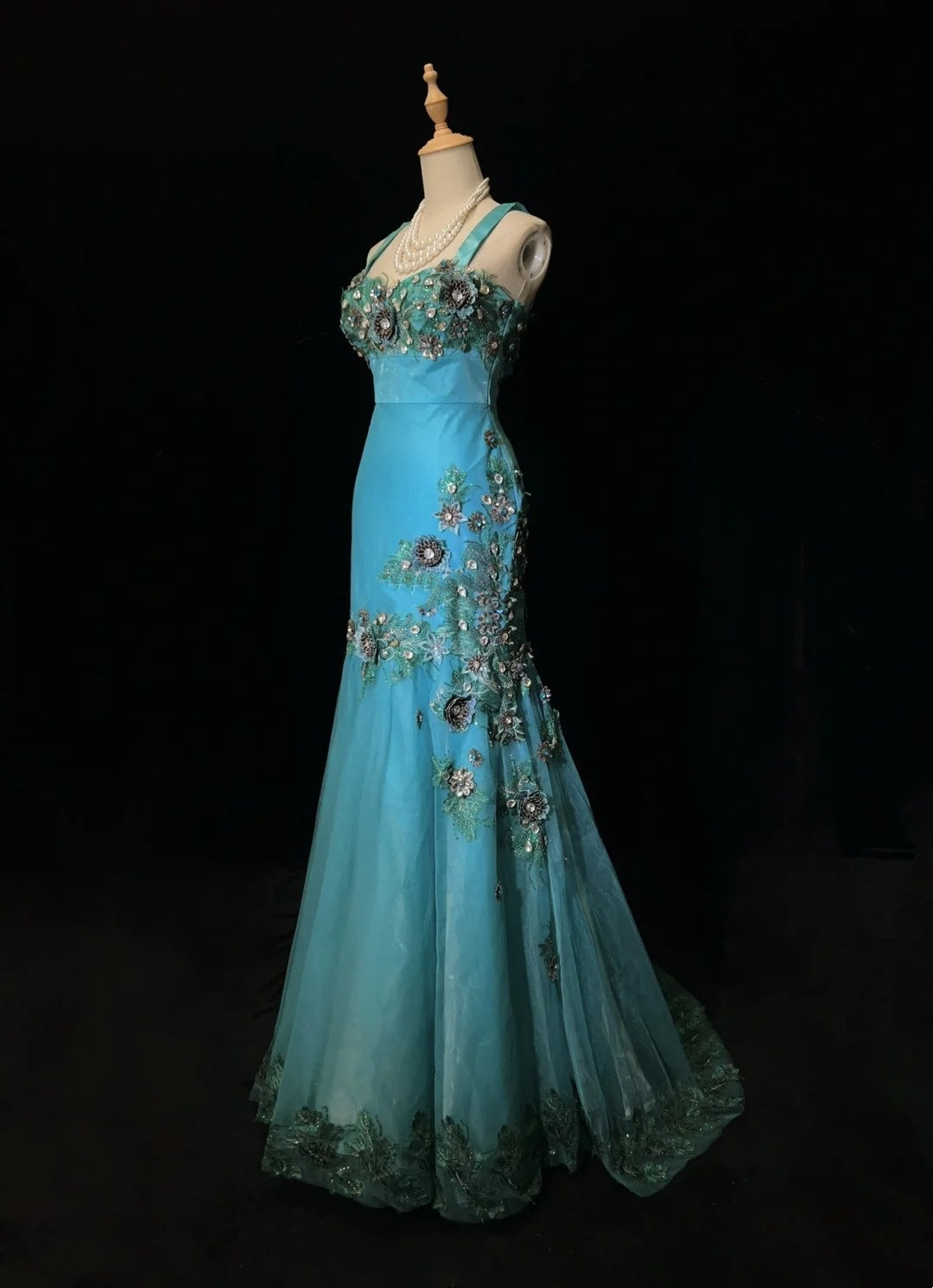 Vintage Prom Dresses Inspo Mermaid Straps Tulle Blue Long 1990s With Lace Appliqued Formal Gowns N3360