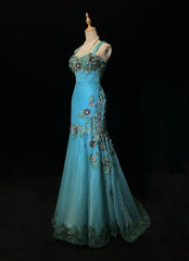 Vintage Prom Dresses Inspo Mermaid Straps Tulle Blue Long 1990s With Lace Appliqued Formal Gowns N3360