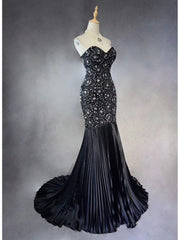 Vintage Prom Dresses 90s Mermaid Sweetheart Satin Black Tie With Silver Beading Ruffled Long Semi Formal Evening Dress N3671