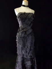 Vintage Prom Dresses 90s Mermaid Spaghetti Strap Black Tie With Layers Tiered Long Semi Formal Evening Dress N3665