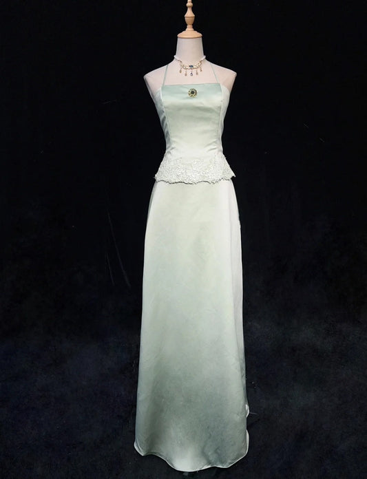 Modest Prom Dresses Inspo A line Halter Light Sage Green Satin With Lace For Women Formal Dress N3225