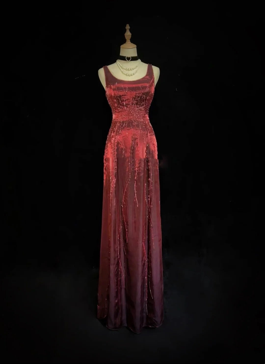 Vintage 90s Prom Dresses A Line Square Neck Burgundy Taffeta With Beads Long Prom Gown N3030