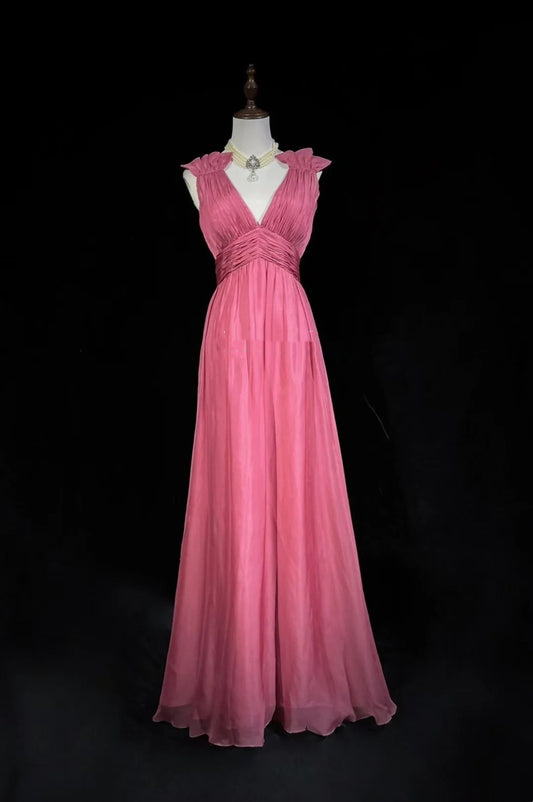 Vintage Prom Dresses Inspo A line V Neck Pink Chiffon With Folded For Women Formal Dress N3257