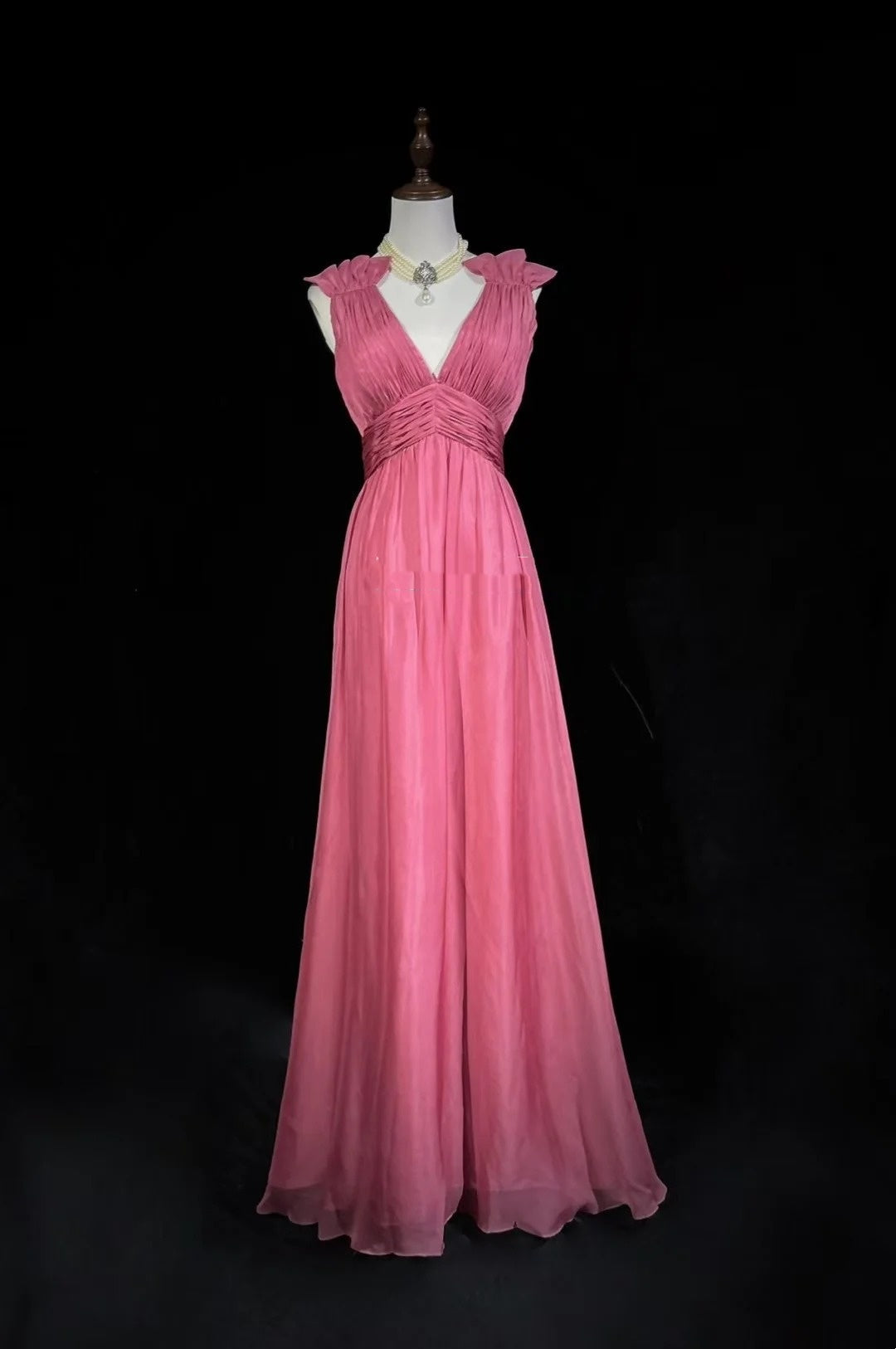 Vintage Prom Dresses Inspo A line V Neck Pink Chiffon With Folded For Women Formal Dress N3257
