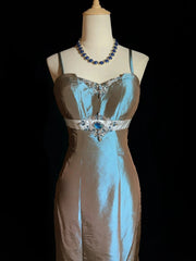 Dreamy 90s Prom Dresses Mermaid Spaghetti Strap Satin With Beading Formal Evening Outfits N3825
