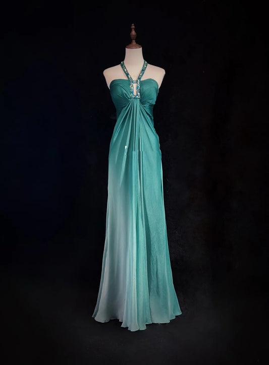 Vintage Y2K A line 2000s Halter Green Ombre Gown Gradient Colors Formal Dress 21st Birthday Prom Dresses N2729