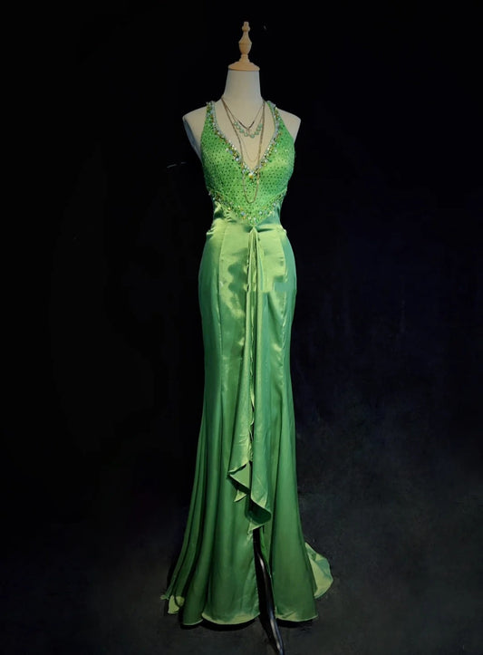 Beautiful Prom Dresses Mermaid Halter Green Satin With Ruffled Beading Long Evening Outfits N3382