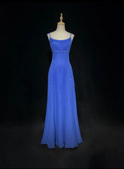Pretty Prom Dresses A line Spaghetti Strap Royal Blue Chiffon With Beading Long Formal Dress N3002